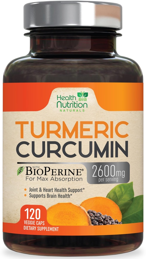 Kurkuma Curcumin Supplement 2600mg - 95% Curcuminoïden met Organische Kurkuma & BioPerine Black Pepper voor Beste Absorptie, Nature's Vegan Joint Support, Non-GMO Tumeric, Bottled in USA - 120 Capsules