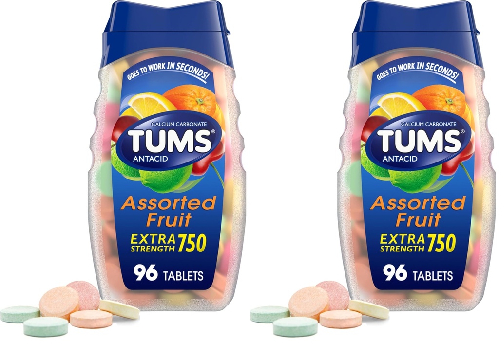 TUMS Extra sterkte Antacida tabletten voor Kauwbare Heartburn Relief en Acid Indigestie Relief, Assorted Fruit Smaken - 96 Tellen (Pack of 2)
