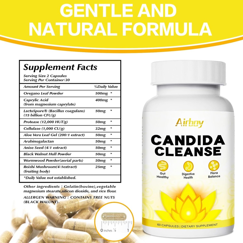 Airboy Candida Cleanse,Gut Colon Cleanse Detox voor vrouwen & Men,Candi Ondersteuning met Oregano Leaf, Caprylic Acid, Wormwood, Black Walnut-60 Telt