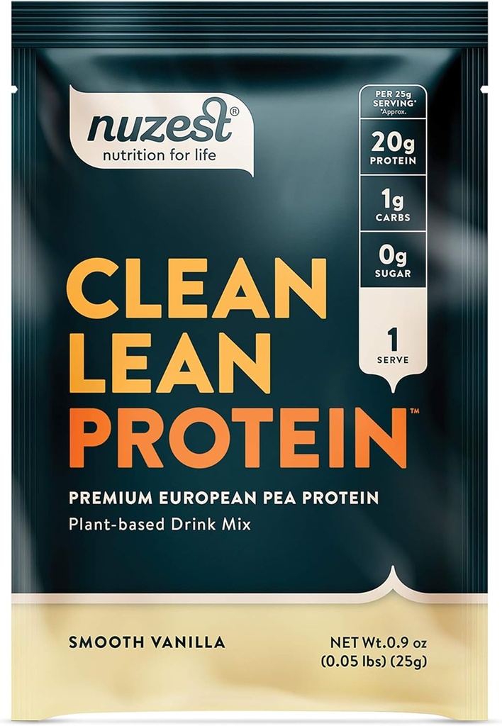 Nuzest - Pea Protein Powder - Clean Lean Protein, Premium Vegan Plant Based Protein Powder, Dairy Free, Glutenvrij, GGO-vrij, Natuurlijk Gezoet Proteïne Shake, Glad Vanille, 1 Serving, 0,9 oz