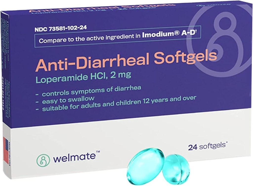 WELMATE - Anti-Diarree Softgels (24 Softgels) - Loperamide HCL 2 mg - Diarree Symptoom Relief - Gestoorde Maag Reliever - Anti-Diarree Pillen - Over-The-Counter Medicatie