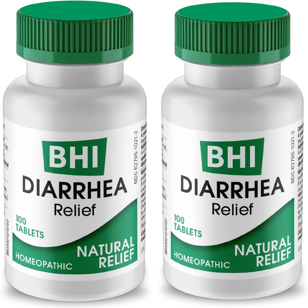 BHI Diarree Verlichting Snelwerkende natuurlijke remedie voor milde diarree - 8 kalmerende Homeopathische Actives Help kalmeren Maagpijn, gas en krampen voor vrouwen en mannen - 100 tabletten (pakket van 2)