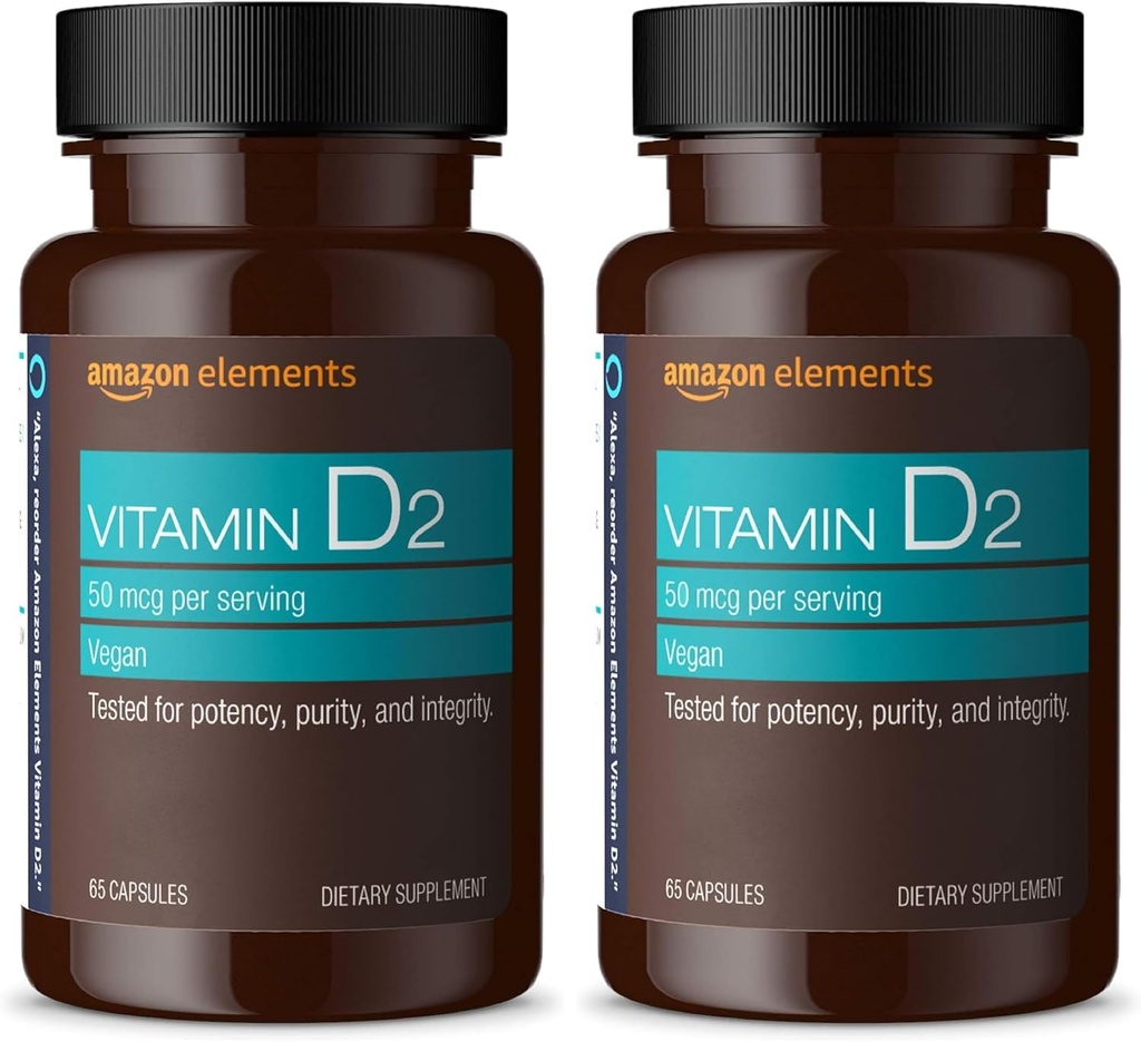 Elementen Vitamine D2 2000 IE, Vegan, 65 capsules, ondersteunt sterke botten en immuungezondheid, 2 maanden aanbod (Verpakking mei vary) (verpakking van 2)