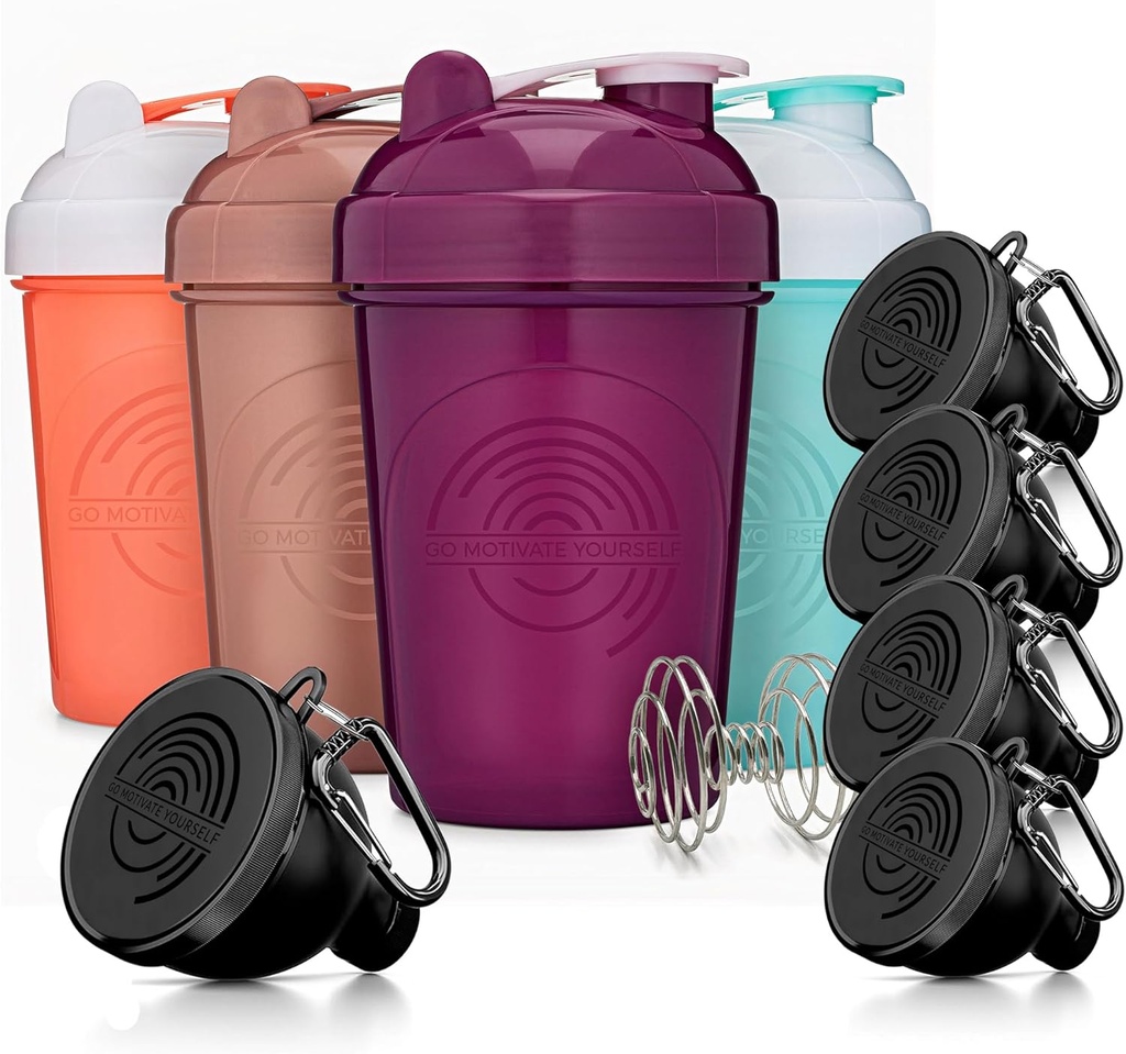 GOMOYO Fitness Bundle - 4-pack Shaker flessen met agitator + 5-pack eiwit Funnels met karabijnmachine, BPA-vrije en afwasmachine veilig