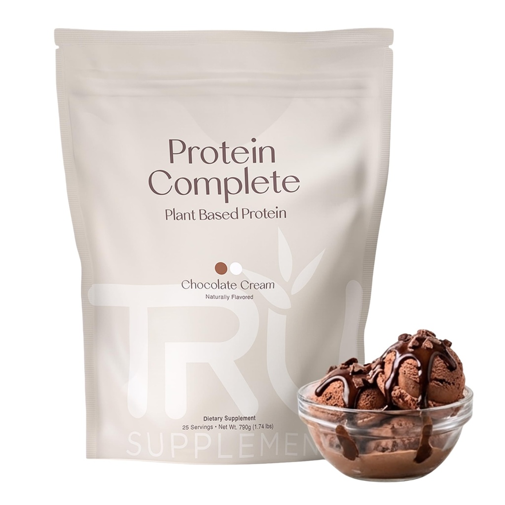 TRU Supplementen Plant Based Protein Powder, BCAA, EAA, 20g Vegan Bruin Rijst & Pea Proteïne, 100 Calorieën, 27 Vitaminen, Geen kunstmatige smaken 25 Servers (Natural Chocolate Cream)
