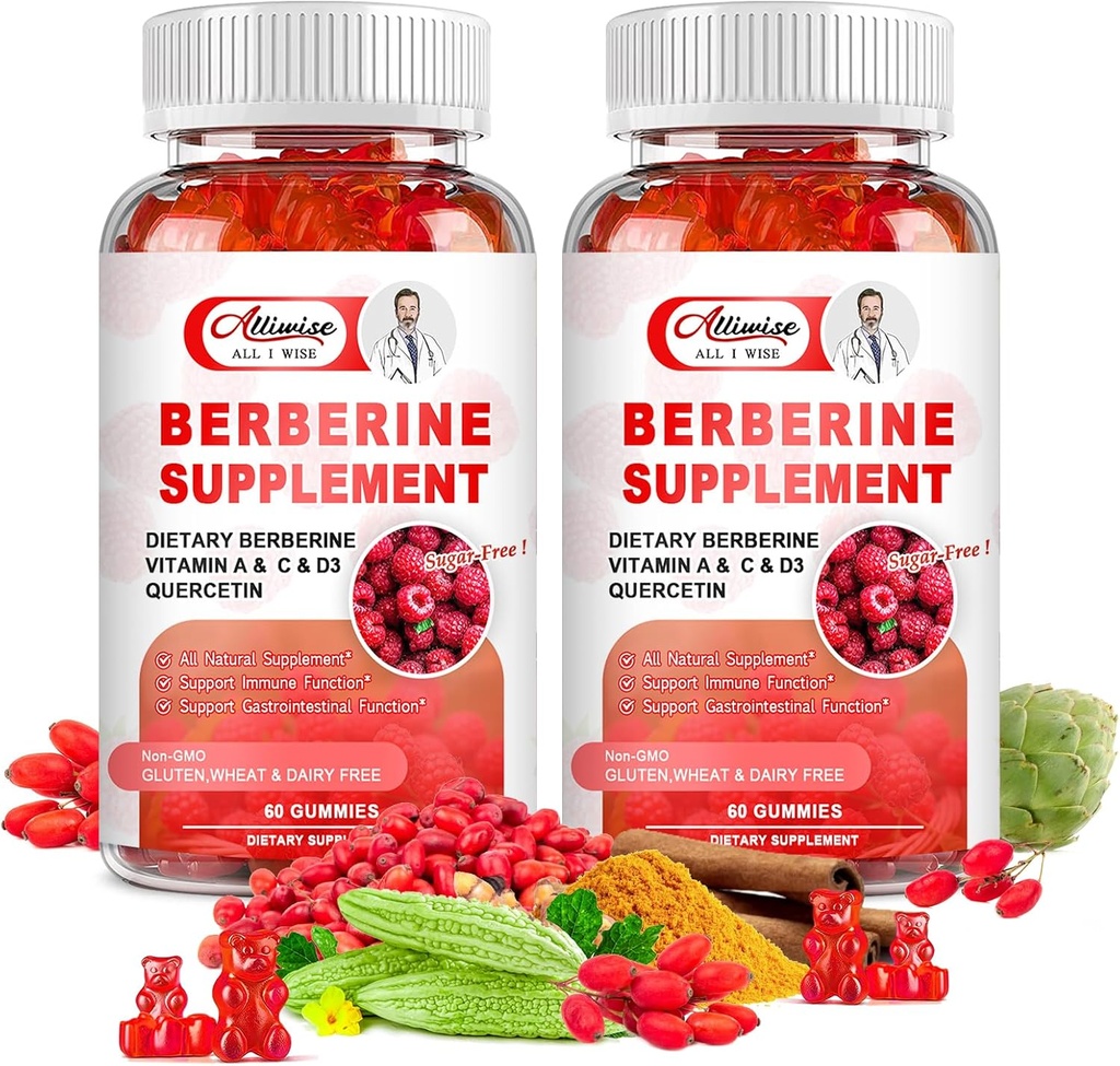 Sugar-Free Berberine Supplement Gummies, Original Berberine HCL met Ceylon Cinnamon, quercetine, Multivitamine, Ondersteuning Immuun en gastro-intestinale functie & Metabolisme voor vrouwen en mannen