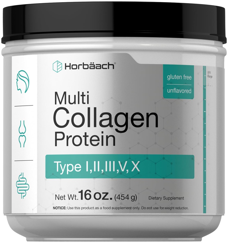 Horbäach Multi Collagen Protein Powder 16 oz | Type I, II, III, V, X | Unflavored | for Men and Women | Non-GMO, Gluten Free Supplement