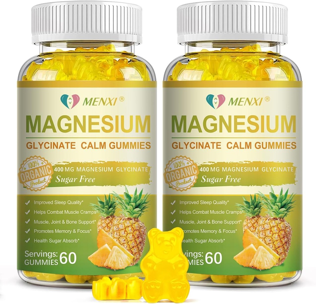 Magnesium Glycinate Gummies 400mg, Suikervrij Magnesium Taurate, Magnesium Malate Supplement met vitamine D, B6, CoQ10 voor ontspanning, stress verlichting, spier, bot & slaap ondersteuning-120 Ananas Gummies
