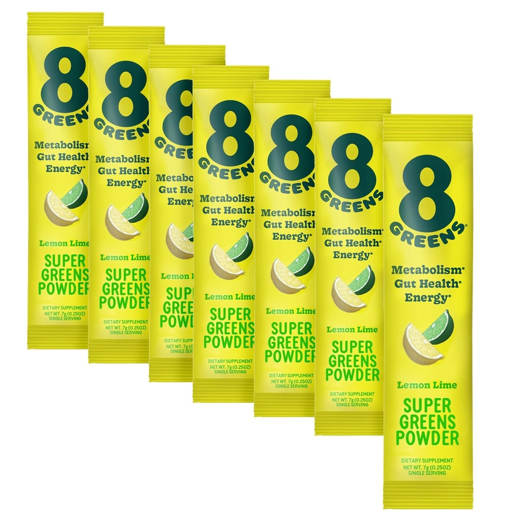 8Greens Super Greens Powder | Prebiotic & Probiotic Blend Superfoods for Gut Health, Metabolism, Debloating, with Fiber, Digestive Enzymes, Organic: Spirulina, Chlorella, Lemon Lime, 7 Servings
