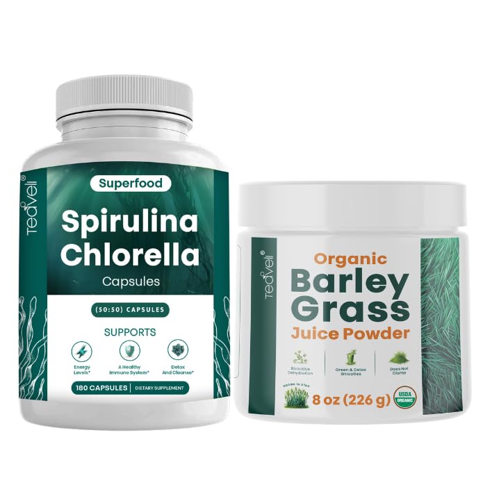 Teaveli Spirulina Chlorella Capsules en gerstegrassap poederbundel