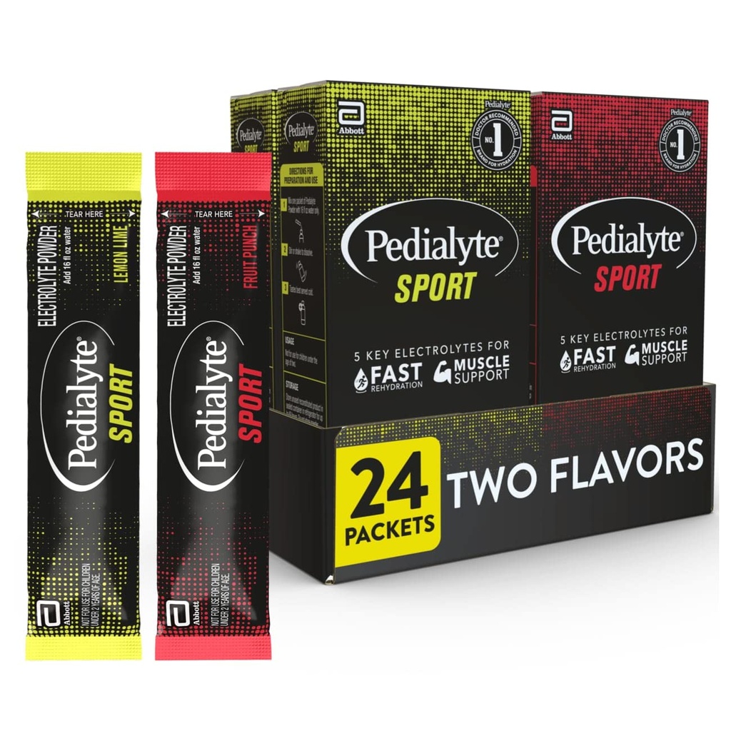 Pedialyte Sport Electrolyte poeder, snelle hydratatie met 5 belangrijke elektrolyten voor spierondersteuning voor, tijdens, & na de training, 12 Citroen Lime & 12 Fruit Punch, 0,49-oz Packets (24 Tellen)