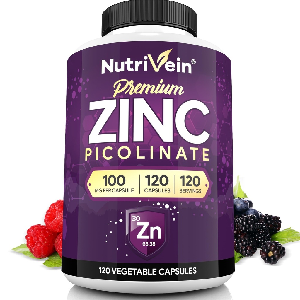 Nutrivein Premium Zink Picolinaat 100mg - 120 Capsules voor volwassenen: Hoge absorptie Zink Picolinaat Supplementen - Essentiële voeding voor de algehele welzijn - Max Biobeschikbaarheid