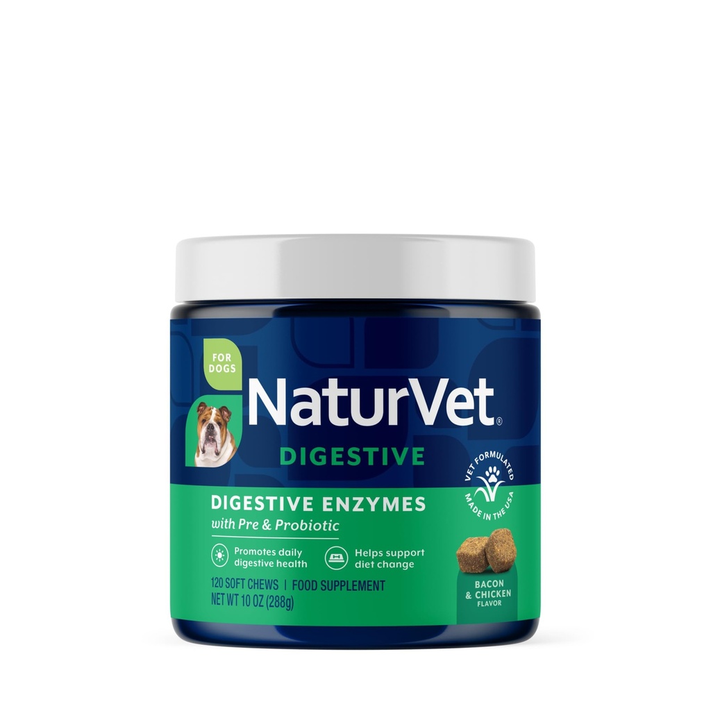 NaturVet Digestieve enzymen - Plus Probiotica & Prebiotica Helpt bij dieetverandering en een gezonde spijsverteringstrek voor honden en katten (Zacht kauwgom, 120 telling)