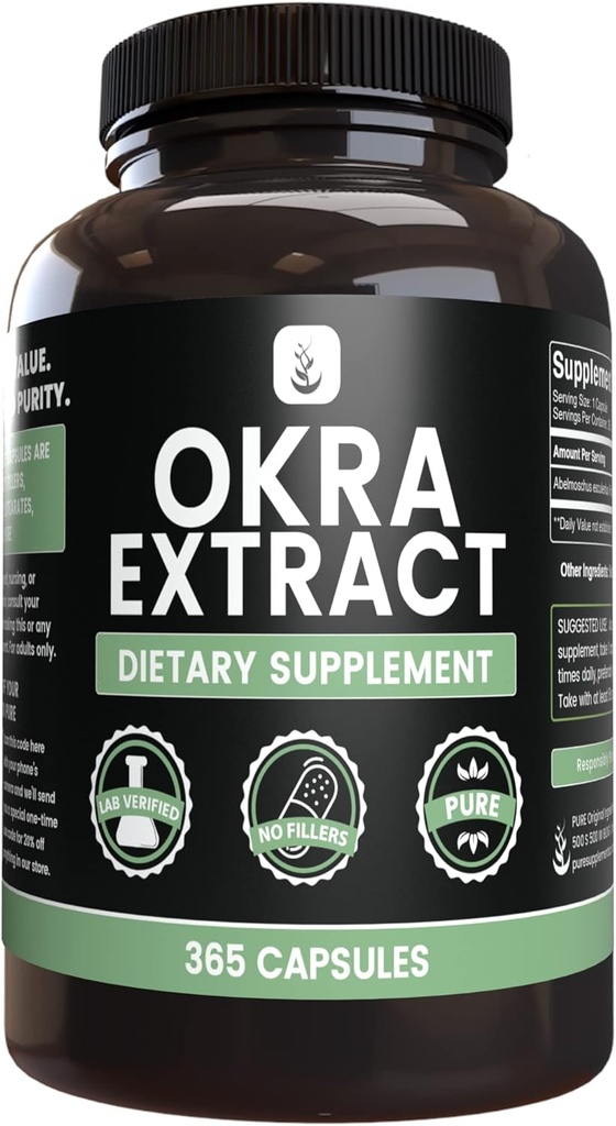 PURE ORIGINEEL INGREDIËNTEN Okra Extract (365 capsules) Geen Magnesium of rijstvullers, altijd zuiver, lab geverifieerd