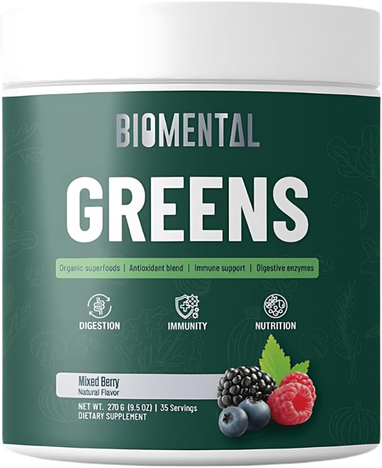 Biomental Greens Supplement- Bessen-Detox - Digestieve gezondheid, antioxidant Blend, Greens Powder - Premium Green Immune Support Nutritional Supplement - Gut Support voor mannen en vrouwen 9.5 oz