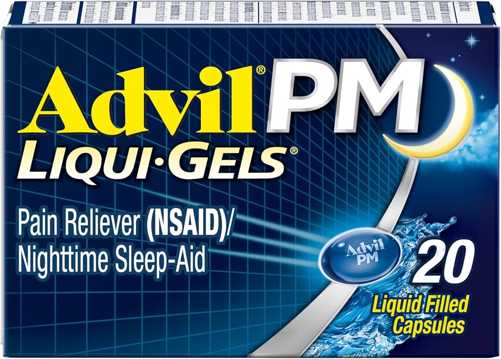 Advil PM Liqui-Gels Pain Reliver and Nighttime Sleep Aid, Pain Medicine met Ibuprofen voor pijnverlichting en difenhydramine HCL voor een slaaphulp - 20 Liquid Filled Capsules - Terug naar College