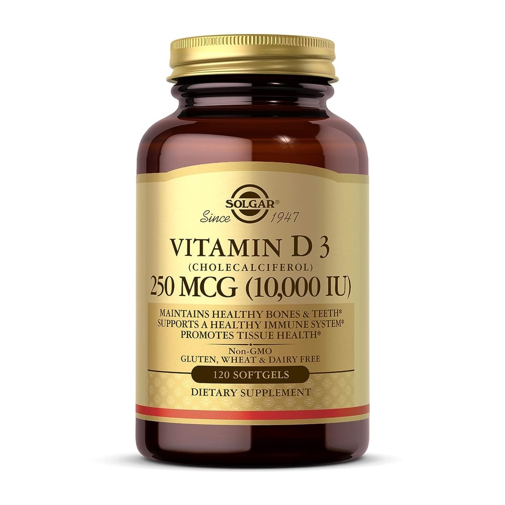 Solgar Vitamine D3 (Cholecalciferol) 250 MCG (10.000 IE), 120 Softgels - helpt gezonde botten en tanden - Immuunsysteemondersteuning - niet GGO, glutenvrij/melkvrij - 120 porties