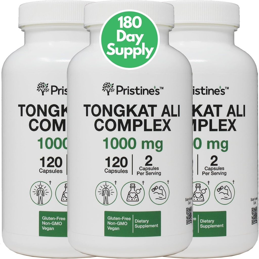 PRISTINE'S Tongkat Ali 1000mg 180 Day Supply (3 Pack) - Athletic Performance Support - Lean Mass Muscle Building Herbal Supplement for Men & Women - Vegan, Gluten Free, Non GMO