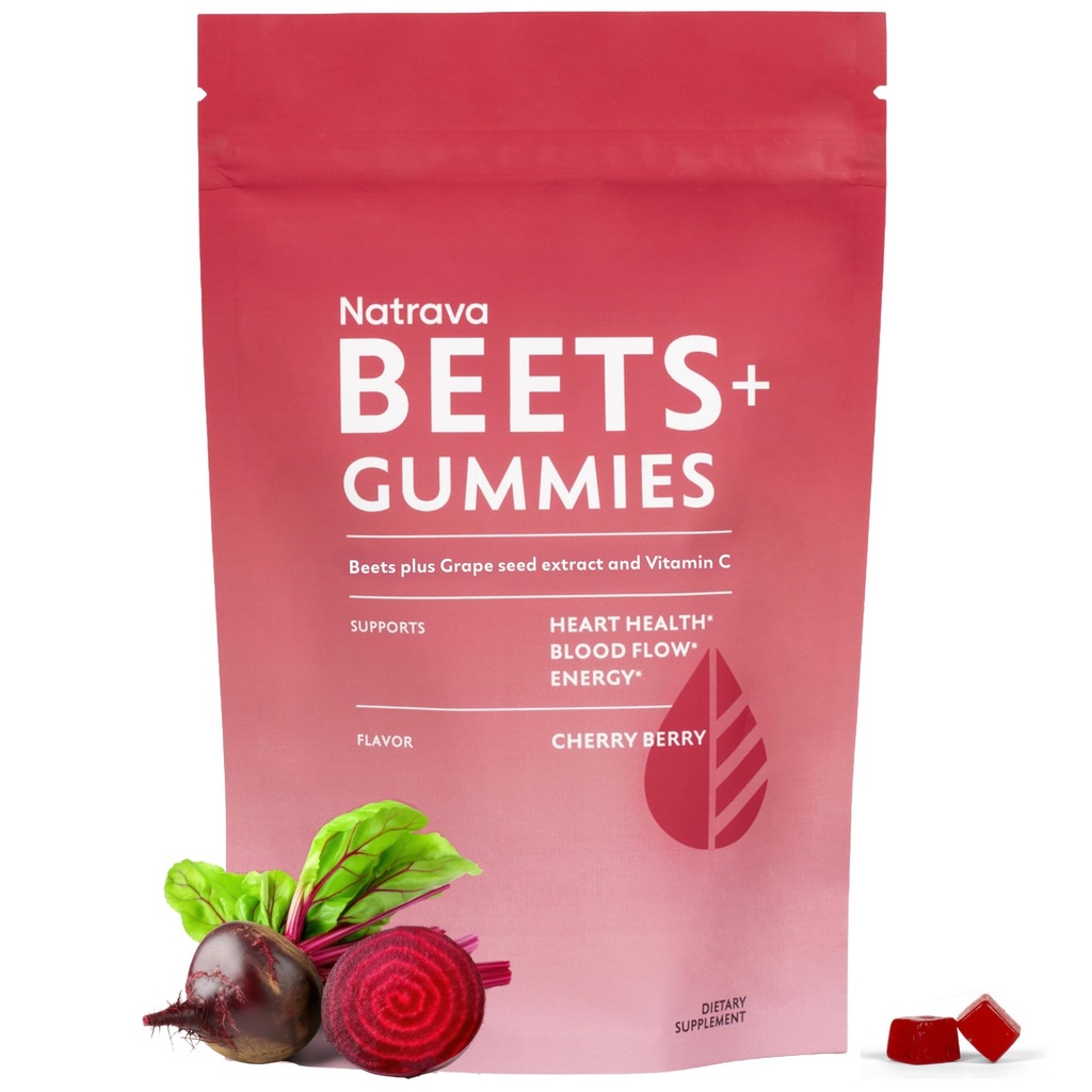 Bieten+ Gummies - Premium Beet Root Powder, Grape Seed Extract en Vitamine C - Ondersteunt gezonde bloeddruk en gezondheid van het hart - lage suiker Nitric Oxidation and Circulation Supplement - 50 Gummies