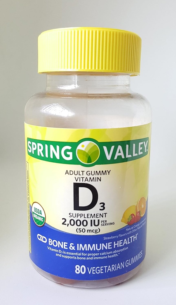 Spring Valley Adult Gummy Vitamine D3 Supplement, 2000IE, 50mcg USDA Biologische, 80 Vegetarische Gummies