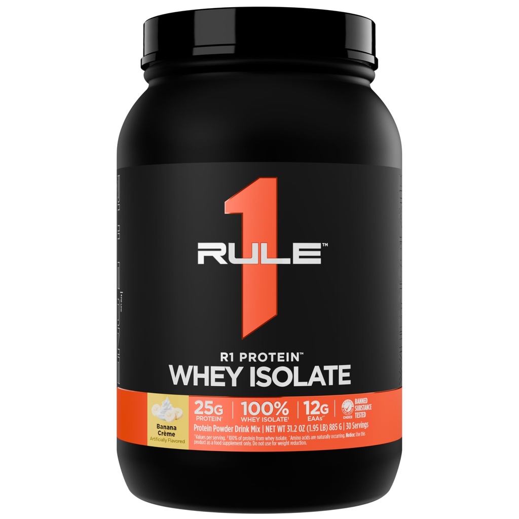 Artikel 1 R1 Proteïne Wei-isolaat - met 25 g eiwit & 6 g BCAA uitsluitend afkomstig van geïsoleerde en gehydrolyseerde bronnen voor workoutherstel (2 pond*, Banana Creme)