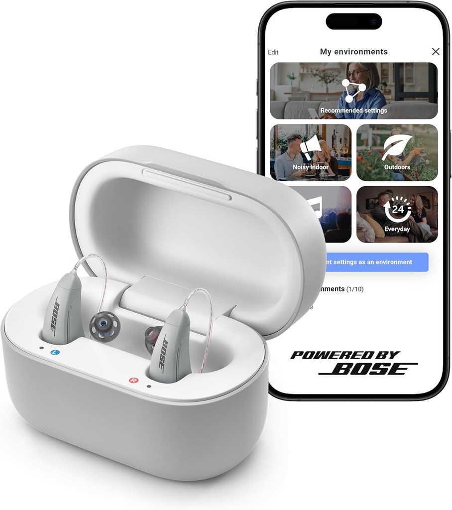 Lexie B2 OTC Hearing Aids Powered by Bose - Bluetooth Call Ingeschakeld voor iOS, oplaadbaar met App Control, de hele dag Comfort. Zelfgeschikte oplossing, geluiddemping, voor licht tot matig gehoorverlies (grijs)
