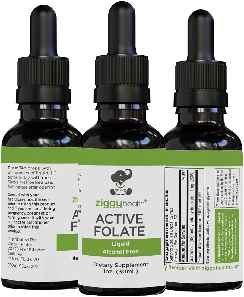 Active Folate Pure Liquid Extract Supplement - L-methylfolaat voor betere absorptie, hersenen gezondheid, verbeteren celfunctie, ondersteuning immuunsysteem, wateroplosbare B Complex, 1oz - door Ziggy Health