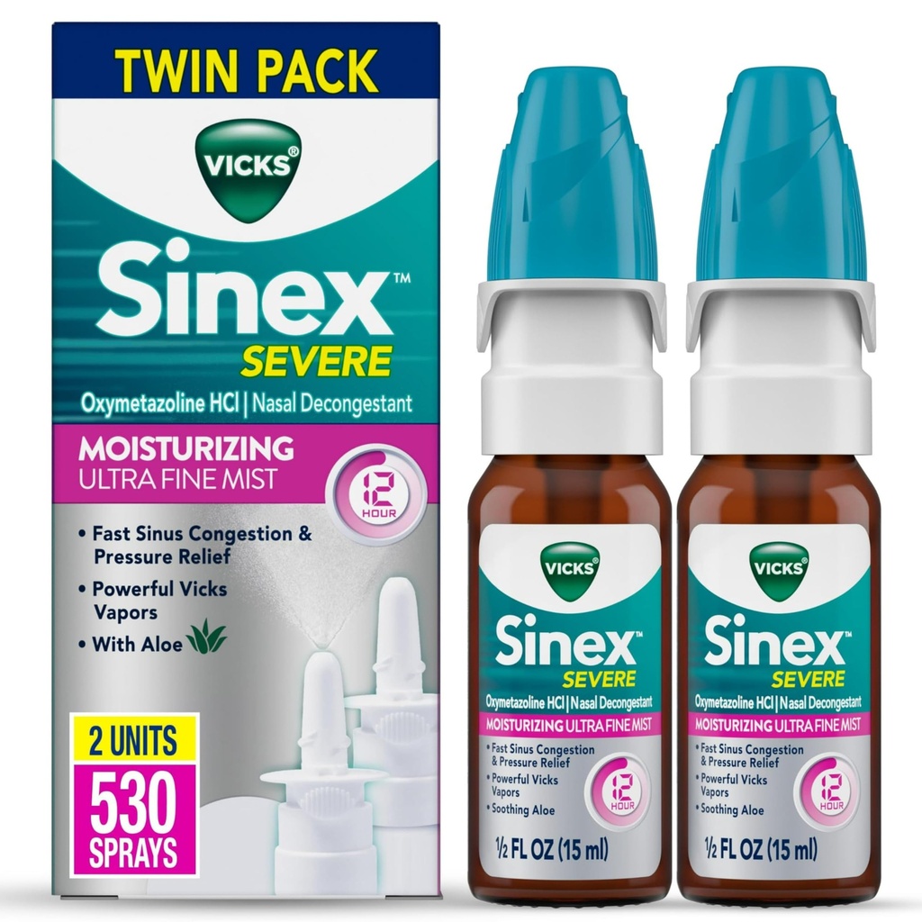 Vicks Sinex ernstige neusspray, vochtinbrengende Ultra fijne mist met aloë, decongestant medicijn, verlichting van stompe neus als gevolg van koude of Allergie, neuscongestie & Sinus drukrelief, 265 sprays x 2