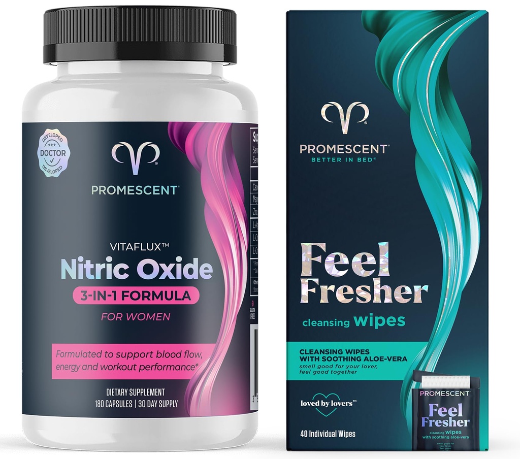 Promescent VitaFLUX Vrouwen Nitric Oxide Booster Supplement + Flushable Wipes voor volwassenen, persoonlijk reinigen Hygienic Wet Wipes voor mannen en Vrouwelijke gebruik