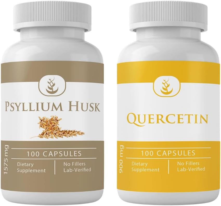 PURE ORIGINEEL INGREDIËNTEN Psyllium Husk & Quercetin Capsule bundel (100 capsules elk), Geen additieven of fillers, Lab geverifieerd