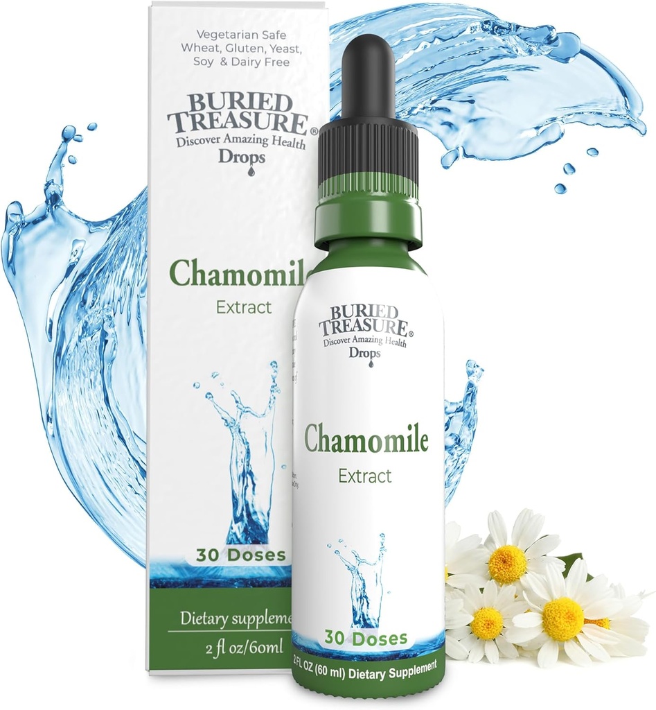 Begraven Treasure kamille druppels 30 porties, 2oz, Liquid Herbal Calm Supplement voor ontspanning ondersteuning, geen suiker toegevoegd