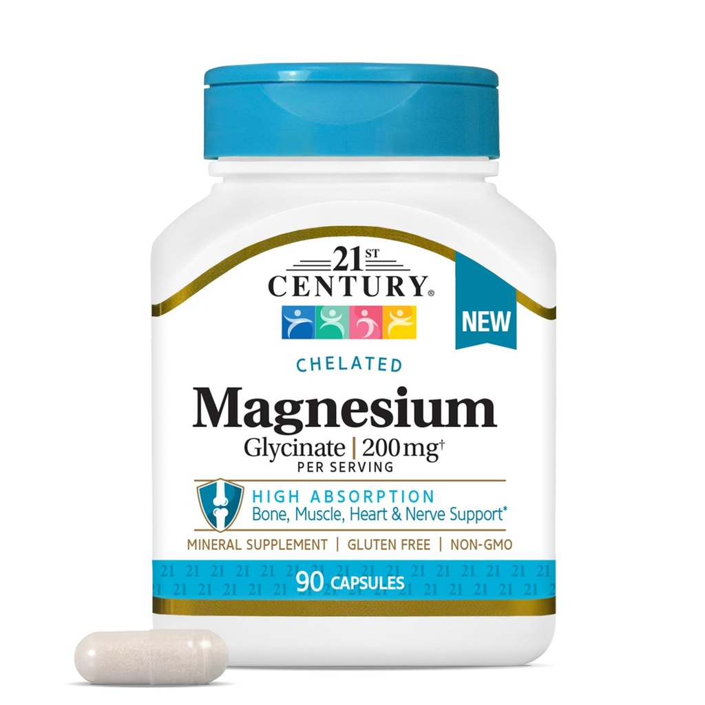 21e eeuw Magnesium Glycinate 200 mg Capsules per portie, 90 Tel.