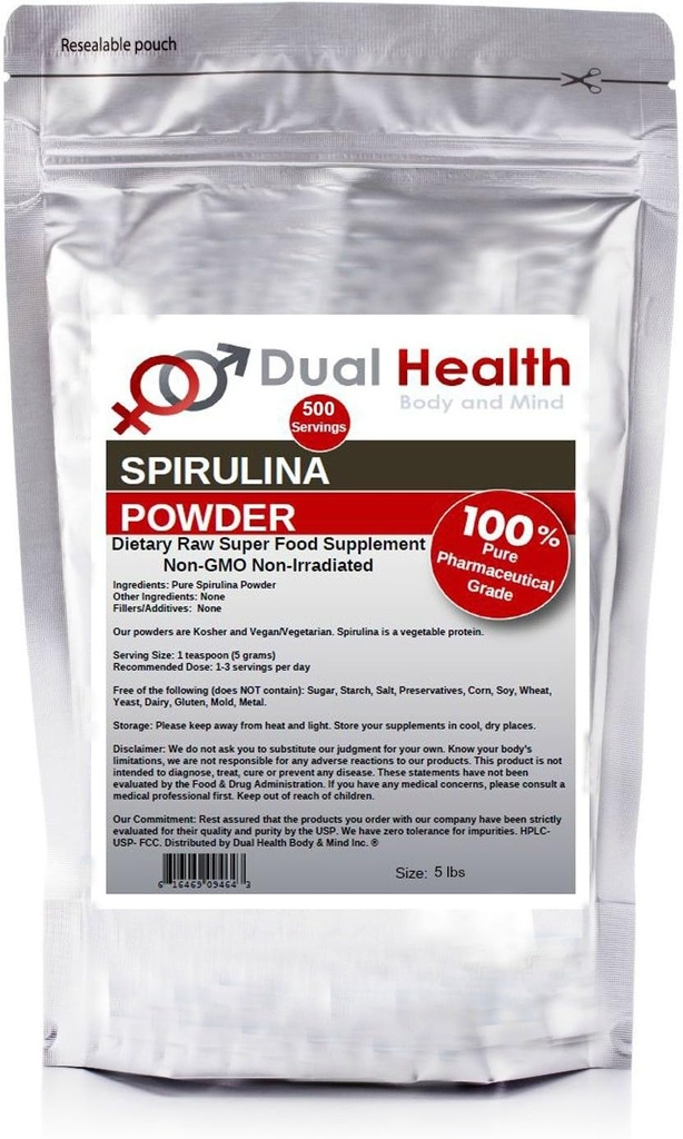 Dual Health Body & Mind Pure Spirulina Powder (5 lbs) Non Irradiated Protein Superfood Bulk Supplements