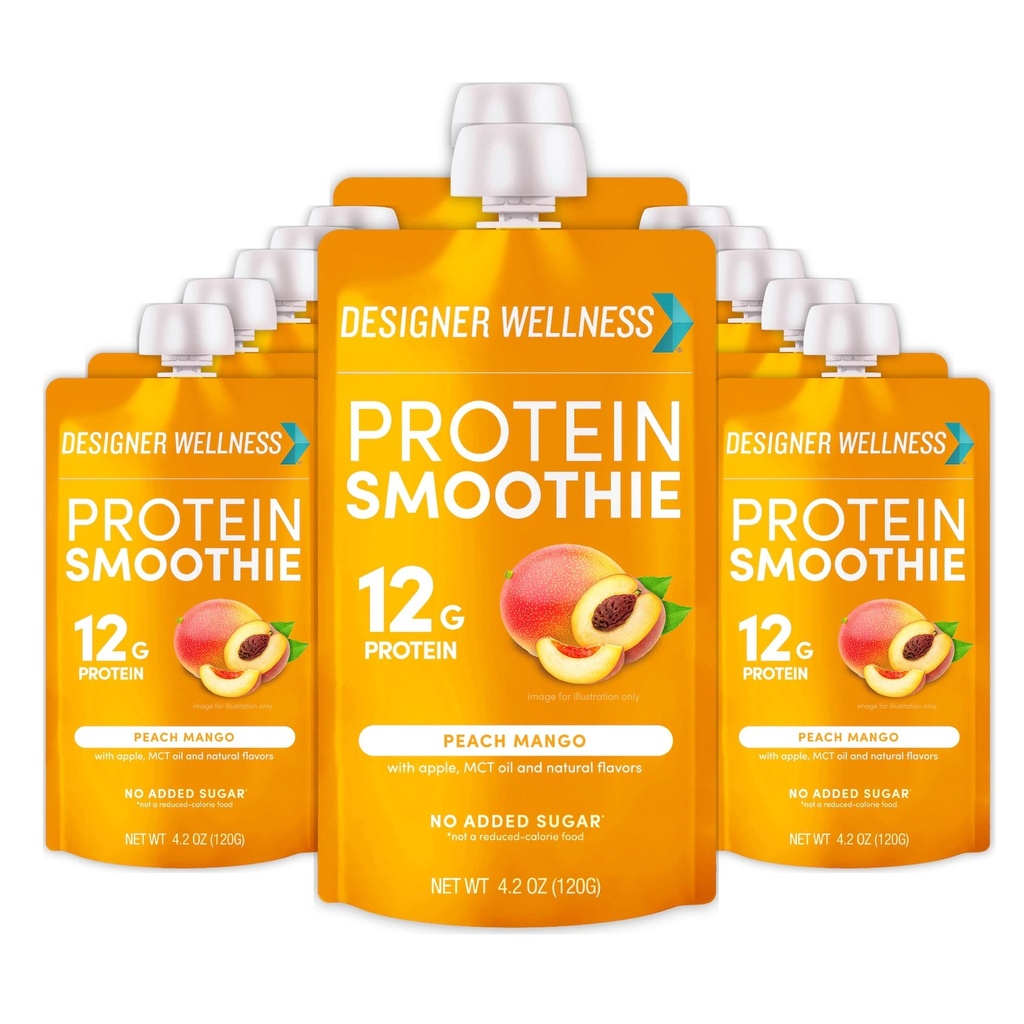 Designer Wellness Protein Smoothie, Real Fruit, 12g Proteïne, Low Carb, Zero Added Sugar, Glutenvrij, Non-GMO, Geen kunstmatige kleuren of smaken, Peach Mango, 12 Tellen