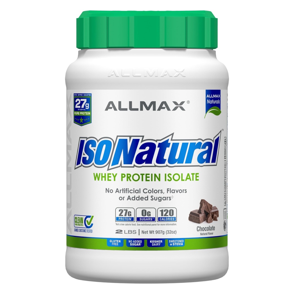 ALLMAX Nutrition ISONATURAL Wei proteïne isolaat, chocolade - 2 lb - 27 Gram eiwit per scoop - Zero vet & suiker - 99% Lactosevrij - met prebiotica - Geen kunstmatige smaken - 29 Serven