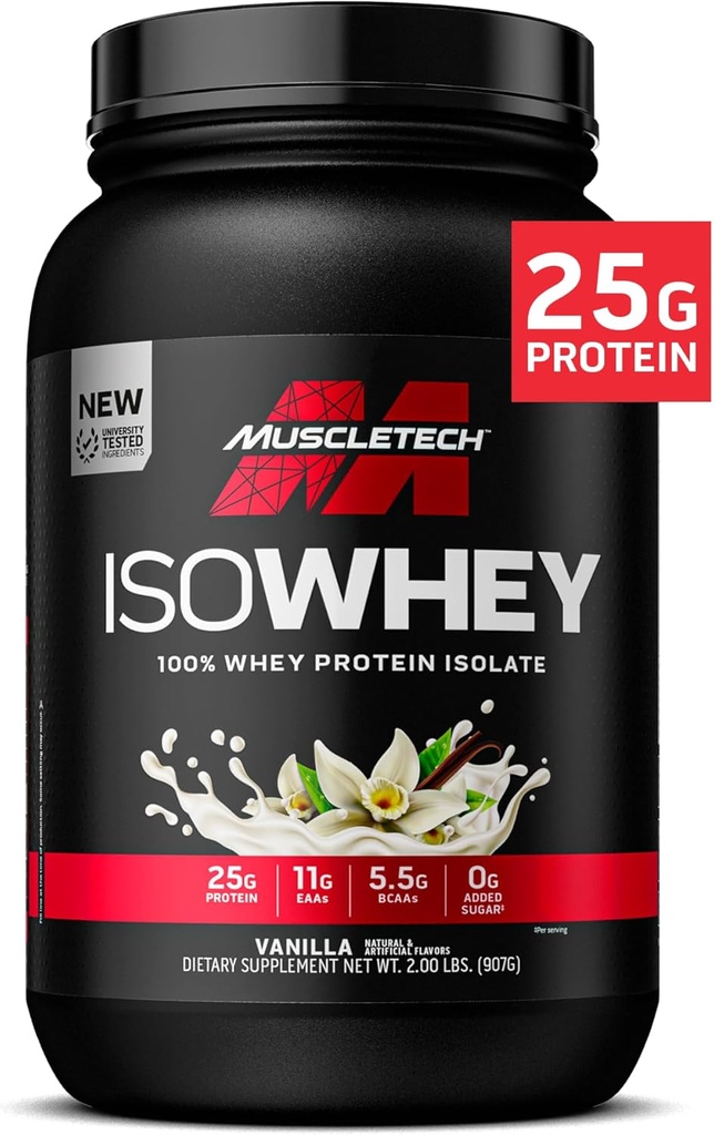 MuscleTech ISO Whey Isolate Protein Powder, Vanilla - Post Workout Gym Supplement for Lean Muscle Gain, Body Building Weight Gainer & Recovery - 25g Protein, BCAA, EAA & 0 Added Sugar - 2lbs