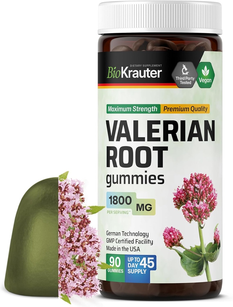 BIO KRAUTER Valeriaan Root Gummies - 1800 mg Sterkte - 90 Veganische Kauwen - Geen Melatonine - Ondersteuning Ontspanning en Kalmte - Valeriaan Root Extract