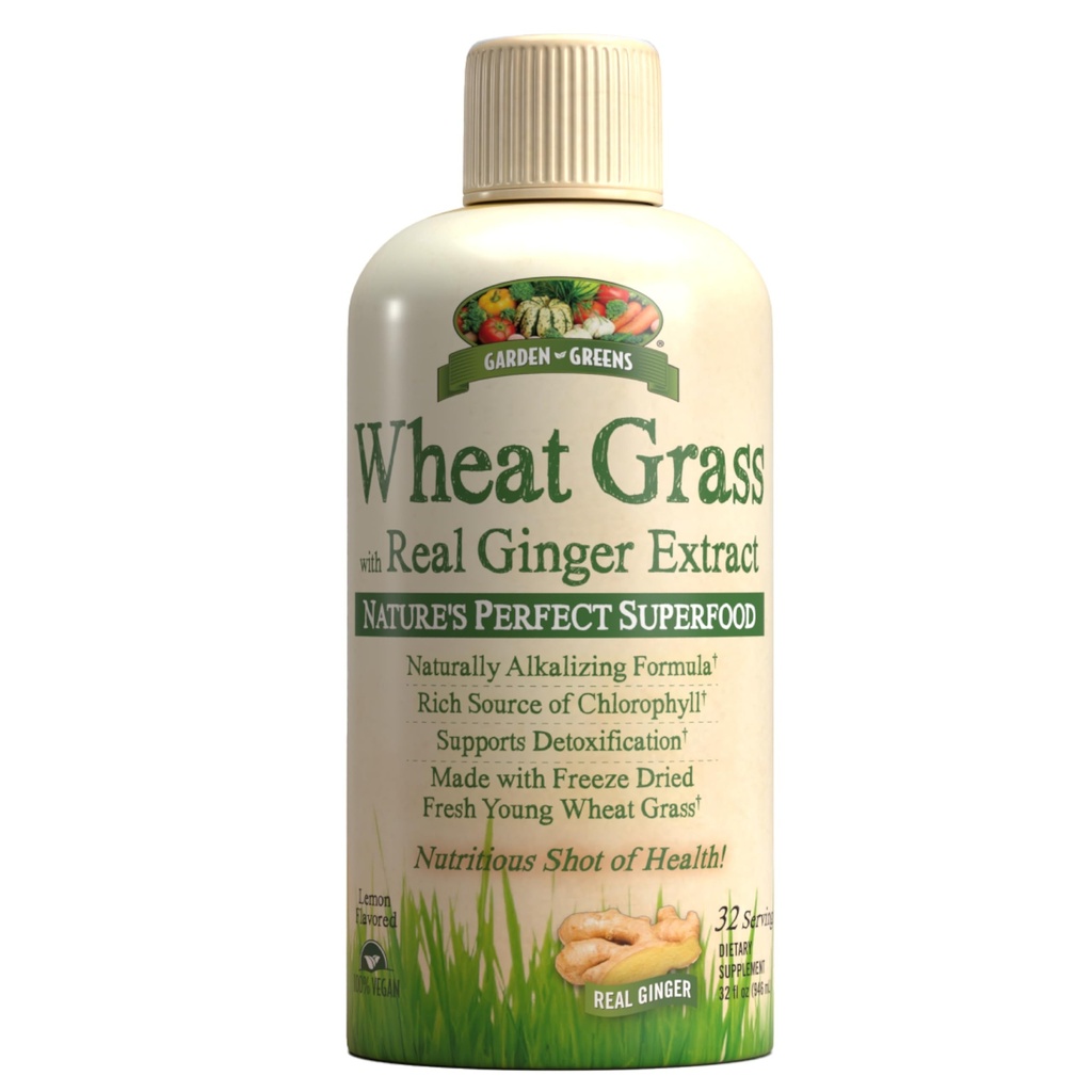 Garden Greens Tarwegras vloeibaar met Real Gember Extract, Natuur's Perfect Superfood, 32 porties