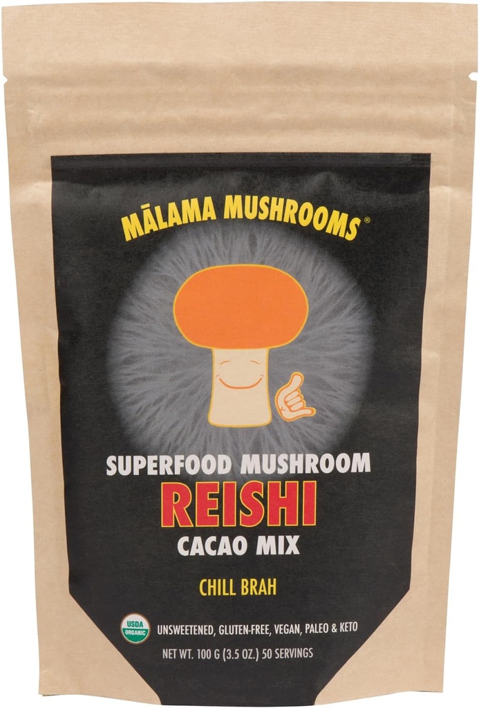 Malama Organic Mushroom Hot Cacao Mix, Reishi Mushroom Powder with Fair Trade Cacao for Immune Support & Relaxation 