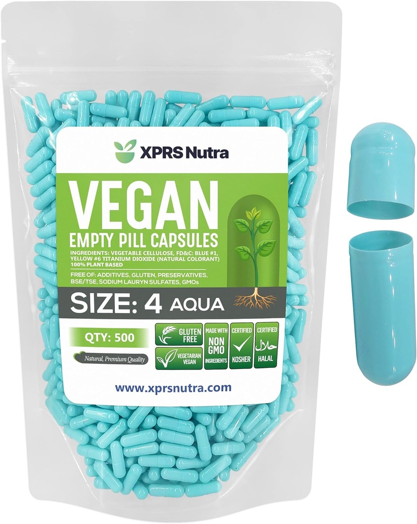 XPRS Nutra Maat 4 Lege Capsules - 500 Tel Kleine Lege Vegan Capsules - DIY Plantaardige Capsule Vulbare Do-It-Yourself Veggie Pill Caps voor Supplementen (Aqua)