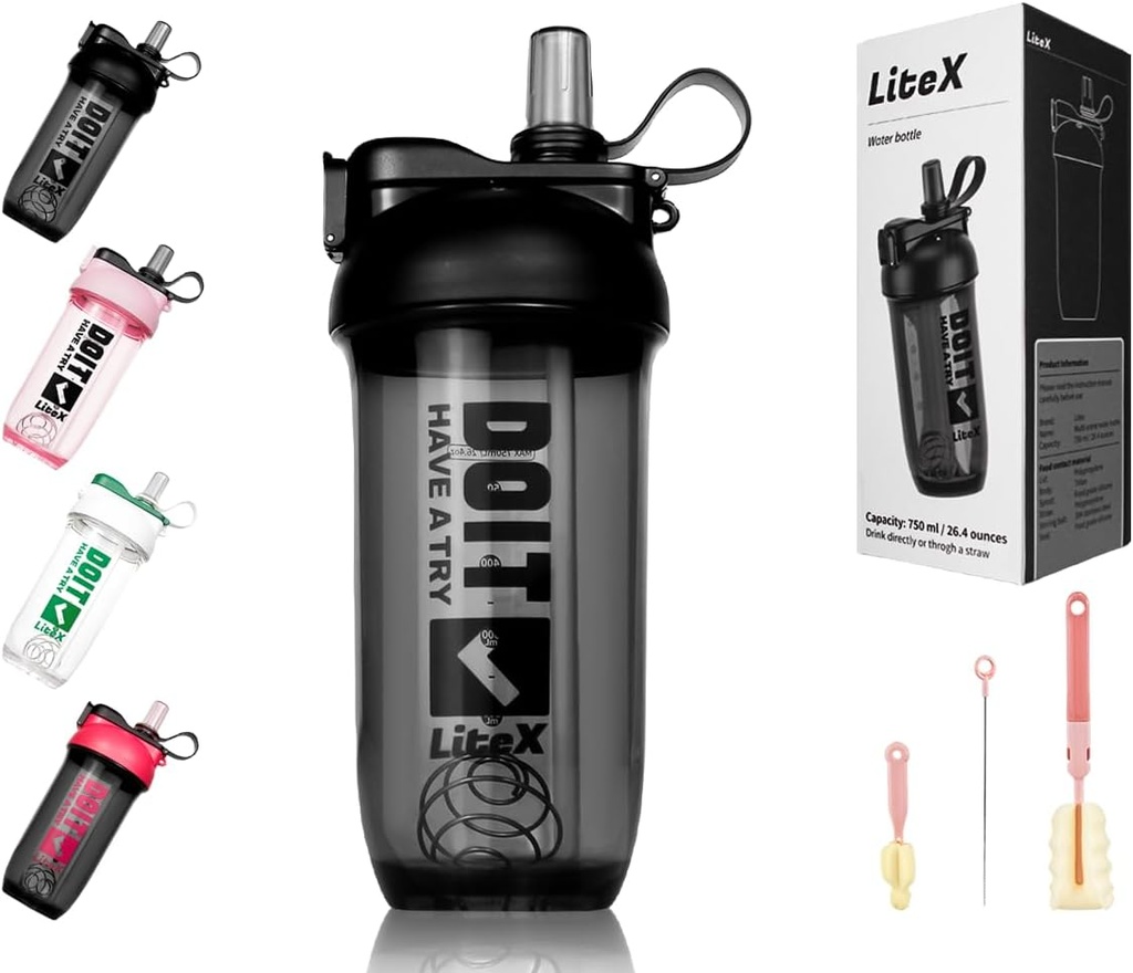 Litex Shaker flessen voor eiwitshakes, 26oz Blender Shaker fles voor pre-workout, Shaker Cups met stro, BPA-vrije Tritan Mixer flessen voor eiwit poeder, met Cup Brush en instructies (zwart)