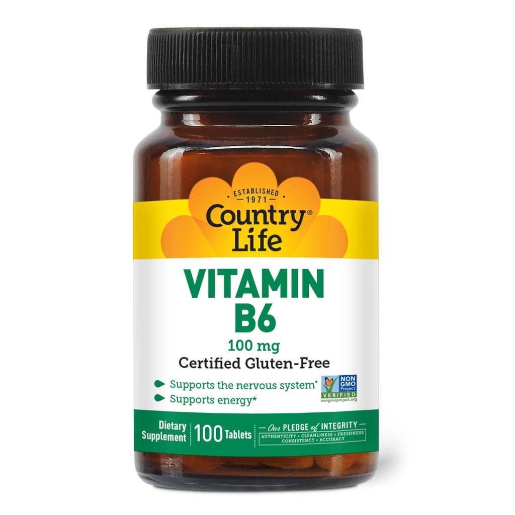 Country Life Vitamine B-6, Ondersteunt energie en het zenuwstelsel, 100mg, 100 Vegan Capsules, Gecertificeerde Glutenvrij, Gecertificeerde Veganist, Gecertificeerde Halal, Non-GMO Geverifieerd...