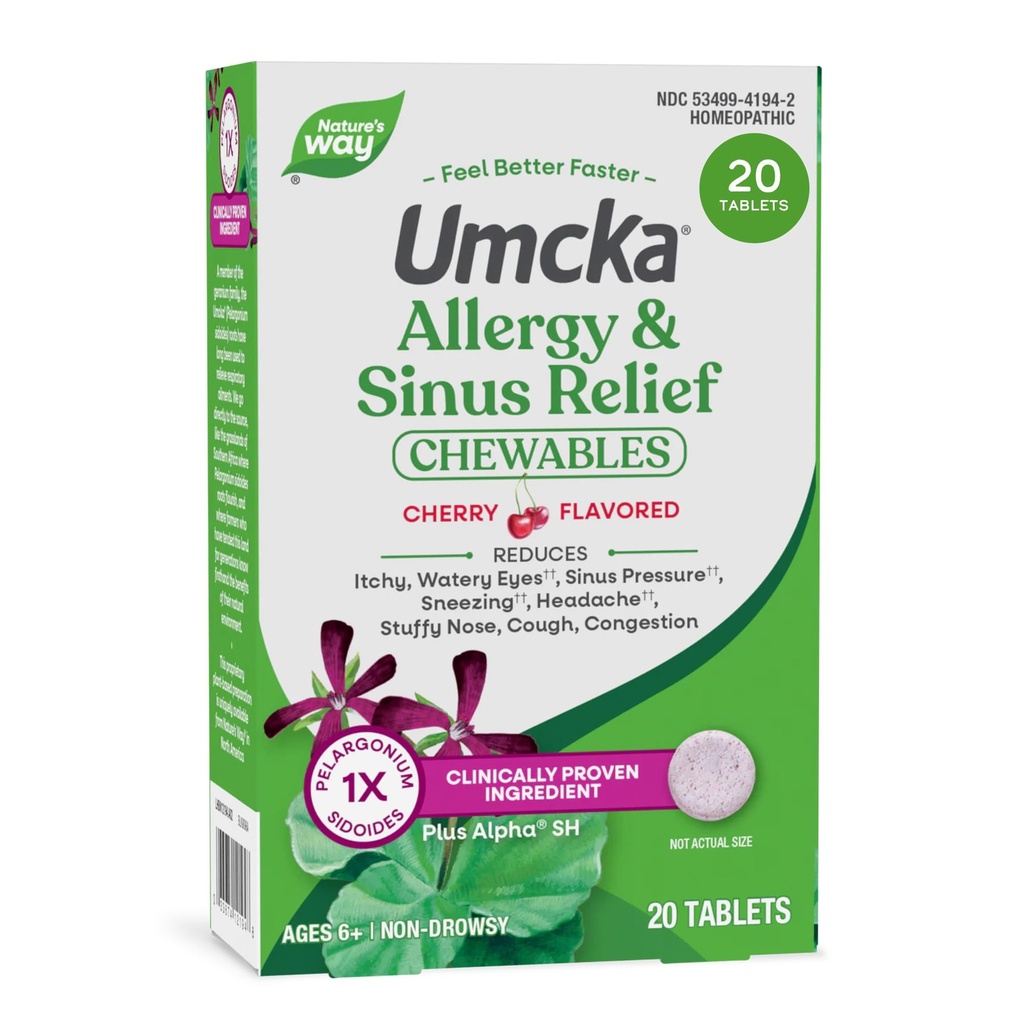 Nature's Way Allergie+Sinus Relief Chewables, Umcka, Sneezing*, Runny Nose*, Hoofdpijn*, Hoest, Congestie, Geen Fenylefrine, Niet-Drowsy, Cherry Flavored, 20 Kauwtabletten (Verpakking mei Vary)