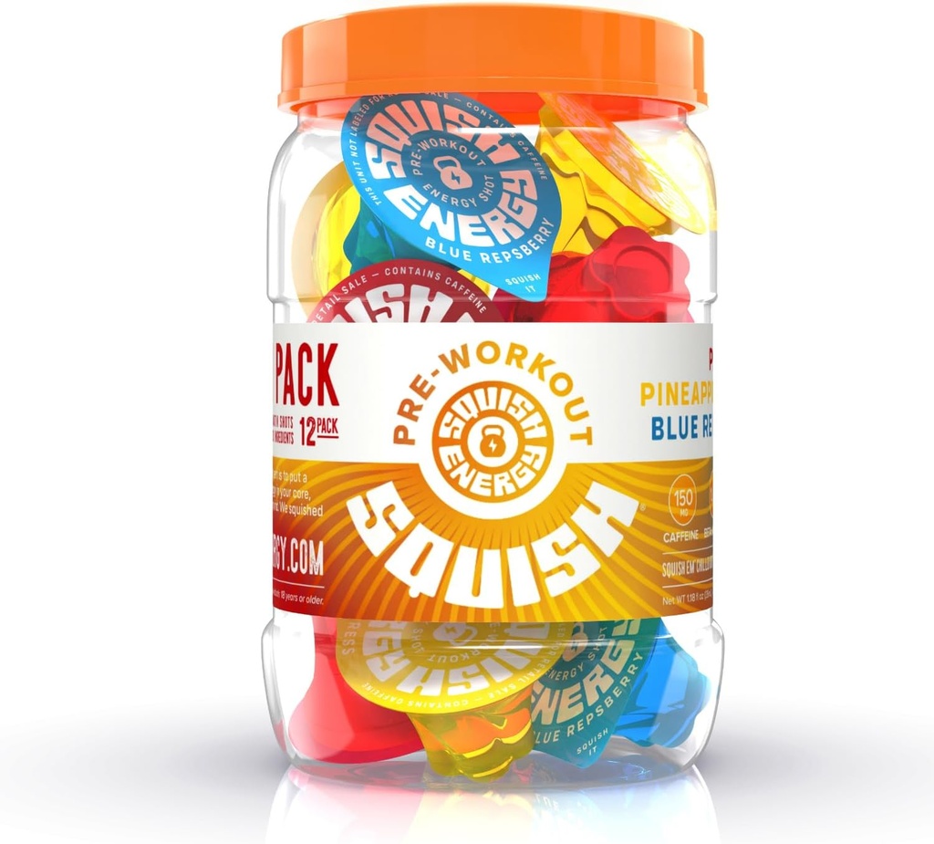 Squish Pre Workout Energy Shots, Beta-Alanine, Citrulline, Cafeïne, L-Theanine, Alpha-GPC, Plant Based Ingrediënten Ondersteuning en verbetering van workouts, Blue Repsberry, Ananas Press, PR Punch, 12 kt. Jar