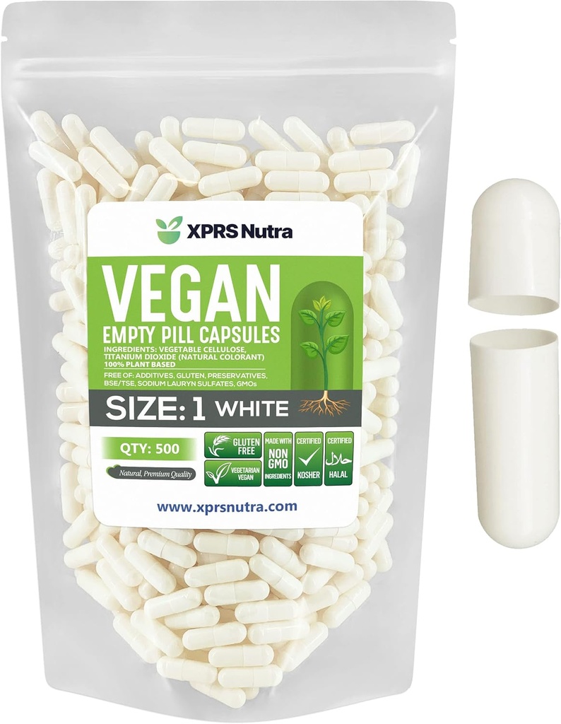 XPRS Nutra Maat 1 Lege Capsules - 500 Graaf Lege Vegan Capsules - Vegetarische pillen - DIY plantaardige Capsule Vegetarische pillen voor Do-It-Yourself Supplementen (Wit)