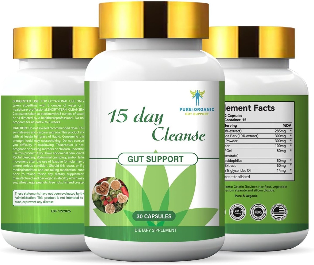 Pure&Organic 15 Days Cleanse for Gut System - Softgel Capsules with Ginkgo Biloba & Gember (30 Capsules) - Natural Detox, Digestief Health
