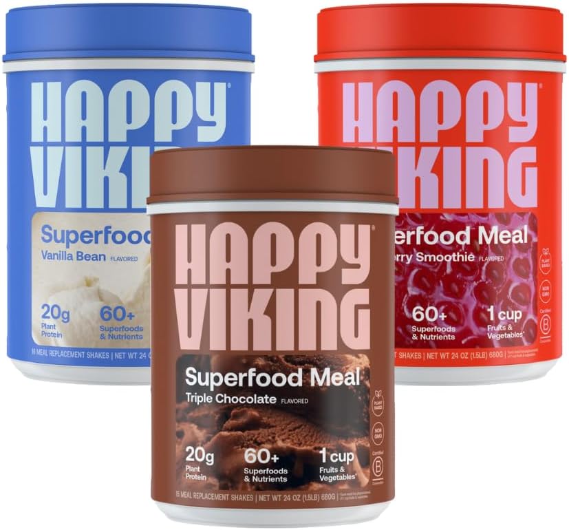 Gelukkige Viking Chocolade, Vanille en Aardbei Poeder, door Venus Williams, 20G proteïne, Low Carb, Keto, Vegan, Glutenvrij, Superfoods, Complete Maaltijd Vervanging, 3 Canisters (24 oz. Elk)