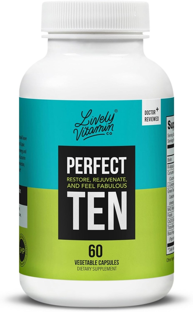 LIVELY VITAMINE CO. Perfecte tien - Anti-Aging & Antioxidant Supplement - Biotine & Lipoïnezuur - Gezond haar, huid, nagels - Energie Boost - Hardere hersenfunctie - Sterkere immuniteit - 60 capsules