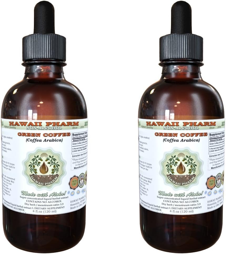 Green Coffee Alcoholvrije Liquid Extract, Green Coffee (Coffea Arabica) Gedroogde Bean Glycerite Hawaii Pharm Natural Herbal Supplement 2x2 oz