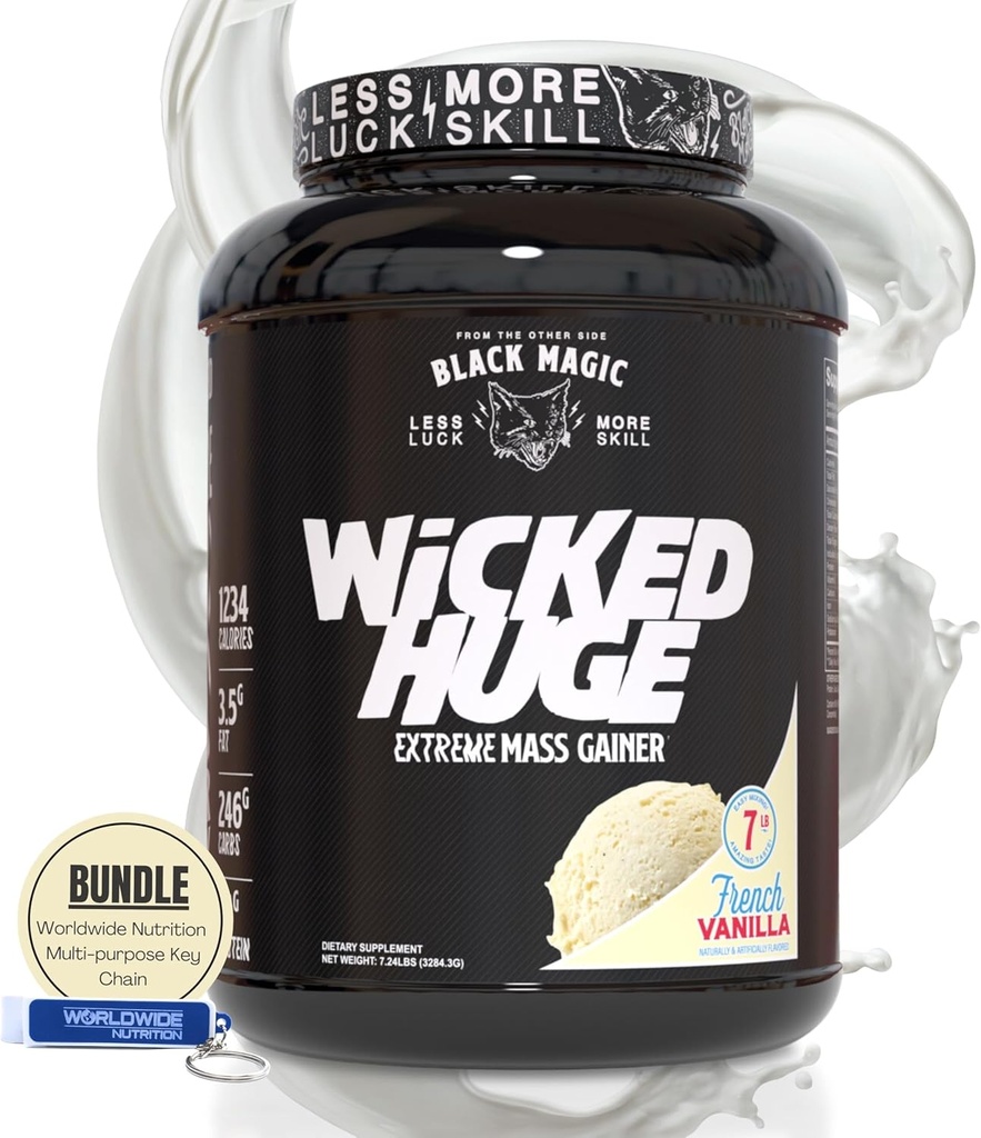 Worldwide Nutrition Bundle Compatibel met Black Magic Wicked Huge - Mass Gainer Franse Vanille Smaak voor spierondersteuning en herstel, 7.24 LBS Proteine Powder Supplement met sleutelhanger